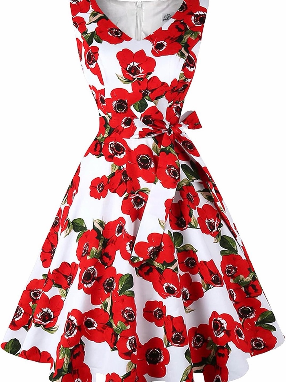 50s Style Red Floral Midi Dress with Pockets